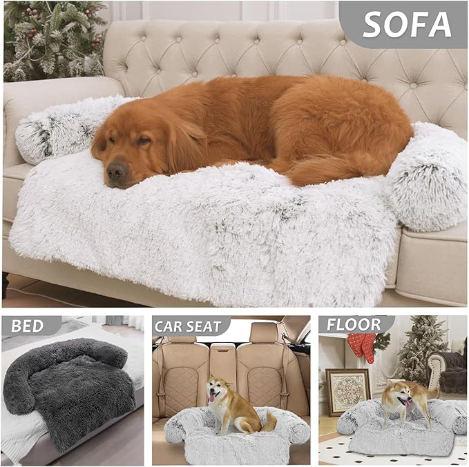 Tinaco Calming Dogs/Cats Bed Mats, Dog Pad Washable Removable Couch Cover, Plush Long Fur Mat for Pets, Waterproof Lining, Perfect for Small, Medium and Large Dogs and Cats (Light Gray, 34"x30")