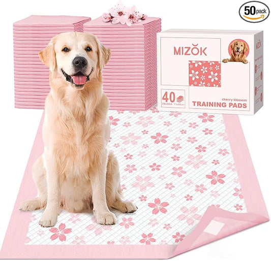 MIZOK Puppy Pads 22x22in Pee Pads for Dogs with Cherry Blossom Pattern 6 Layer Super Absorbent for Up to 4 Cups Dog Pee Pads Leak-Proof Dog Pads for Small Dogs, Puppies, Doggie (28x34in | 40Ct-Pink)