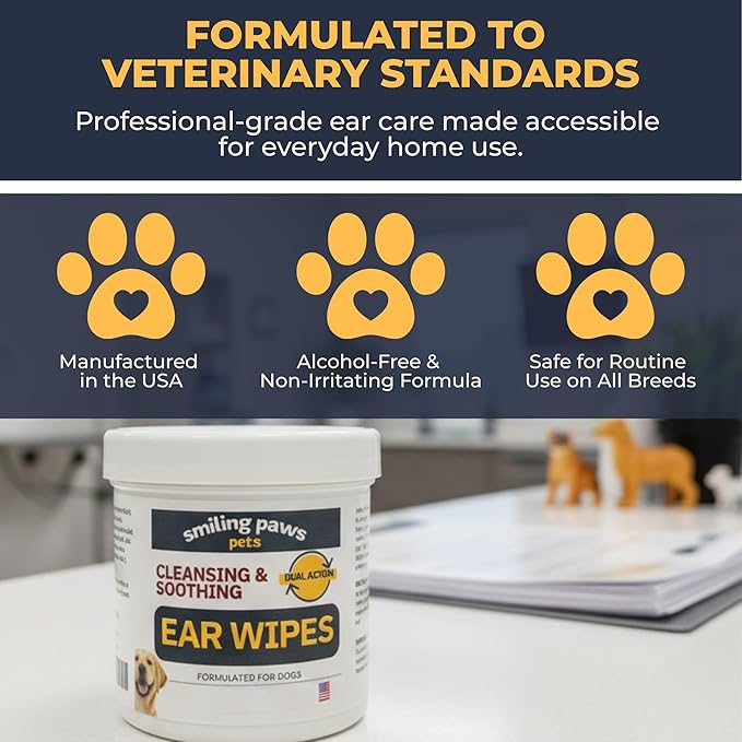 Smiling Paws Pets Ear Wipes for Dogs | Dog Ear Wipes Otic Cleanser for Dogs to Stop Ear Itching with Aloe and Eucalyptus Made in USA 100 Count