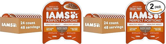 IAMS Perfect Portions Healthy Adult Wet Cat Food Cuts in Gravy, Chicken Recipe, 2.6 oz. Easy Peel Twin-Package Trays (, 48 Servings), 24 Count (Pack of 2)