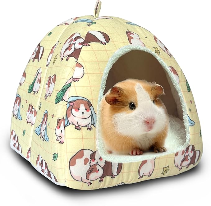 Guinea Pig Hideout Bed 11.8-Inch Cube - Cozy Small Animal House for Guinea Pigs, Chew-Proof Hideaway with Ventilation (Yellow, Adorable Guinea Pig Print)