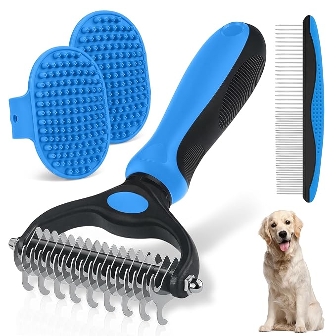 Double-Sided Pet Grooming Rake - 4-in-1 Professional Pet Grooming Kit, Deshedding Dematting Tool for Dogs, Cats, Extra-Wide Grooming Brush & Deshedder Comb for Long and Short Haired Pets (4PCS Blue)