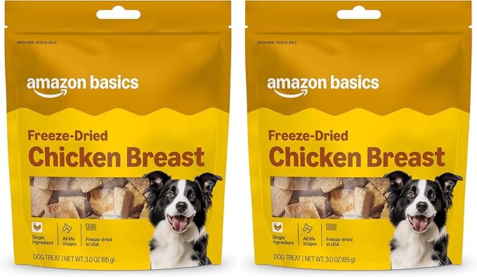 Amazon Basics Dog Treats Freeze Dried Raw Single Ingredient Chicken Breast, High Protein, Healthy Training Treats or Meal Topper for All Dogs, Grain-Free, 3 Oz (Previously Wag) (Pack of 2)