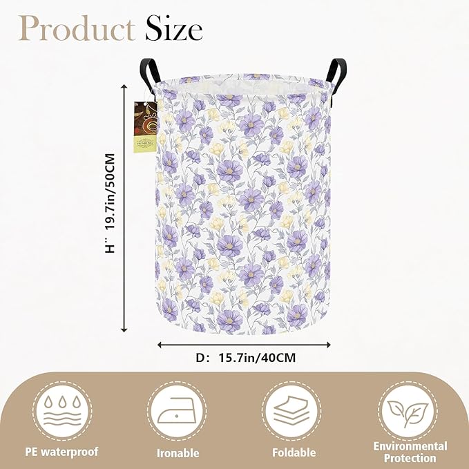 Collapsible Fabric Storage Basket, Waterproof Laundry Hamper with Handles, Round Storage Bin for Clothes Toys, Foldable Organizer for Bedroom Nursery Bathroom(Round-Purple Flowers)