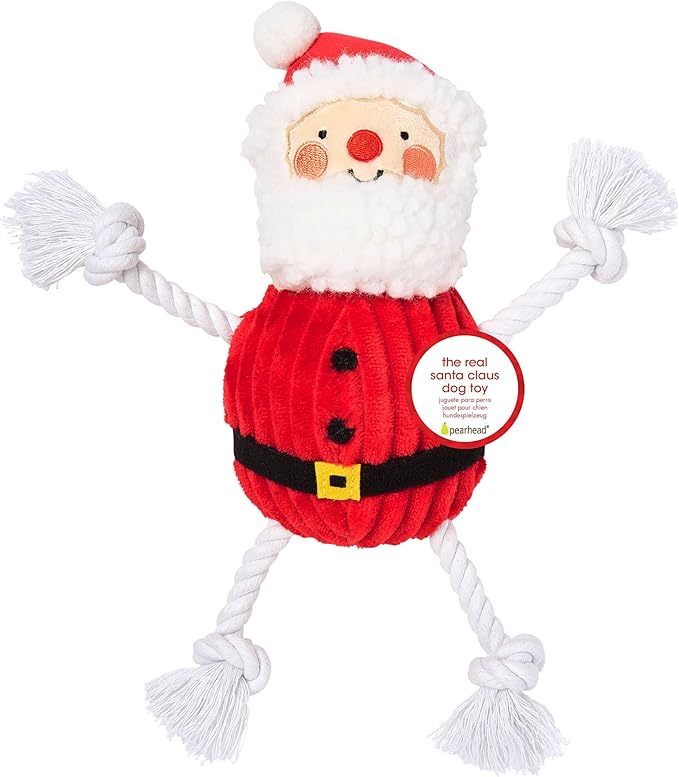 Pearhead The Real Santa Claus Holiday Dog Toy, Durable Corduroy Rope Toy, Stuffed Plush Chew Toy with Loud Squeaker, Christmas Stocking Stuffer for Pets