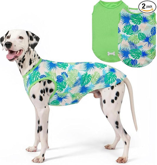 KYEESE 2Pack Dog Shirt, Lightweight Sun Protection Dog T Shirts for Medium Large Dogs Boy Girl, Breathable Mesh Tank Top Sleeveless Pet Reflective Vest, Soft Summer Dogs Clothes, Hawaii+Green, 2XL