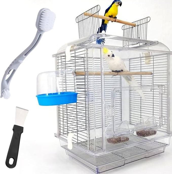 4 Pcs Bird Cage Cleaner with Two Brush Heads Long Handle Tool, Stainless Steel Bird Droppings Cleaning Scraper for Cleaning Bird Parrot Cages Kennels Perches