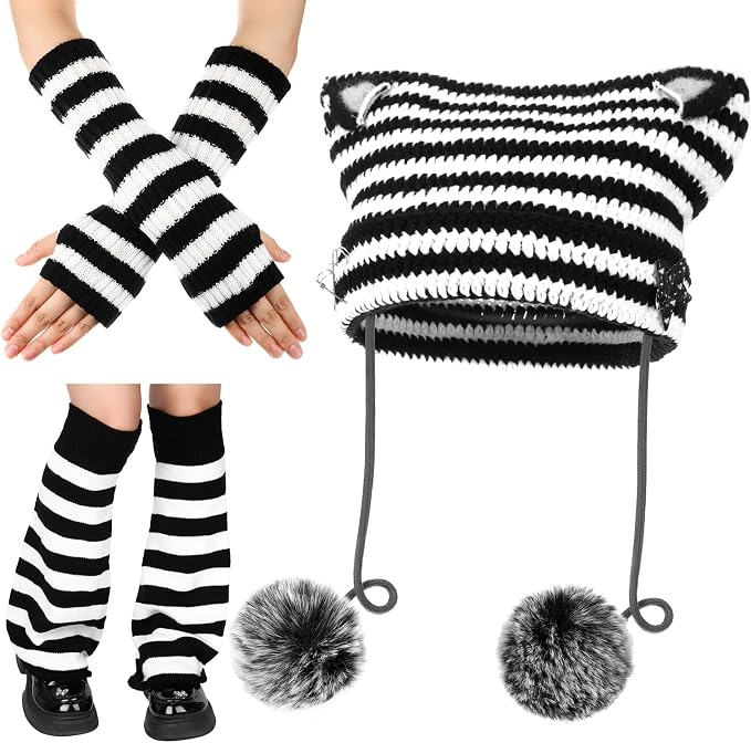 Y2k Beanie Cat Crochet Hats Cat Beanie Accessories with Kawaii Leg Cover for Women Girls