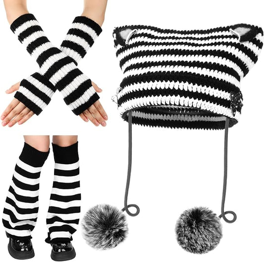 Y2k Beanie Cat Crochet Hats Cat Beanie Accessories with Kawaii Leg Cover for Women Girls