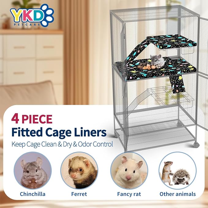 YKD Ferret Cage Liners for Ferret Nation & Critter Nation Cages, Waterproof Chinchilla Cage Accessories, Washable Bedding, for Ferrets, Chinchillas, Rats (Black, Top Pan Set)