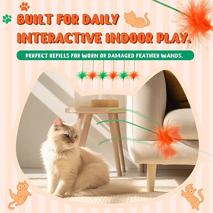 Abbylike 6 Pack Replacement Feather Wands Compatible with P43 Interactive Cat Toy, Automatic Teaser Wand Refills Attachments for Indoor Cats (Orange, Green)
