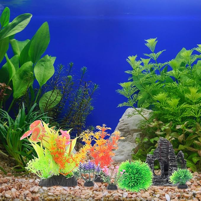 Toyvian Aquarium Decorations Set, 13piece Lifelike Artificial Aquatic Plants with Realistic Rock Cave Hideout Fish Tank Accessories Kit for Goldfish and Tropical Fish