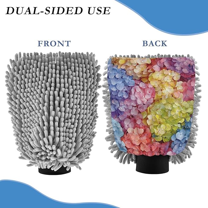Car Wash Mitt Microfiber Wash Mitts for Car Washing Scratch-Free Cleaning Gloves Soft Non Absorbent Chenille Auto Hand Mitt Large 2Pack Colorful Hydrangea