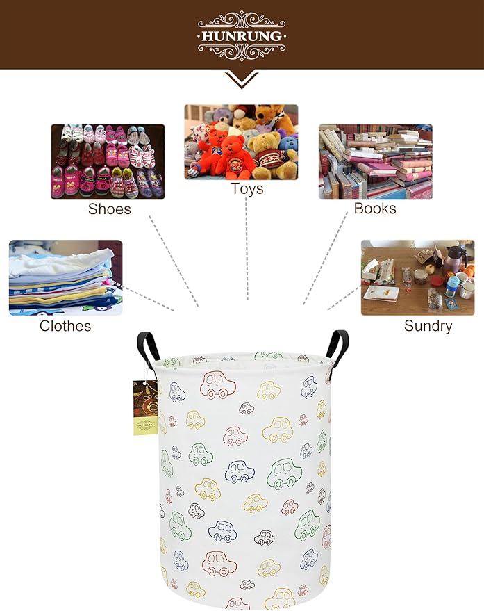 Collapsible Fabric Storage Basket, Waterproof Laundry Hamper with Handles, Round Storage Bin for Clothes Toys, Foldable Organizer for Bedroom Nursery Bathroom(Round-Colorful Car)