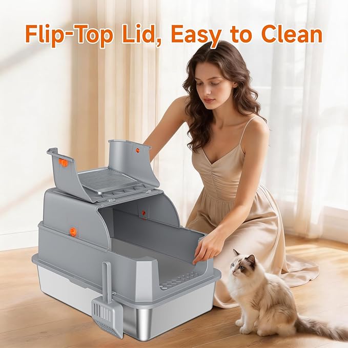 Stainless Steel Litter Box with Lid, High Sided Enclosed Metal Litter Box for Big Cats, Easy Cleaning Anti-Urine Leakage, Non-Sticky Cat Box, Front Entry Top Exit KittyBox, Includes Mat & Scoop