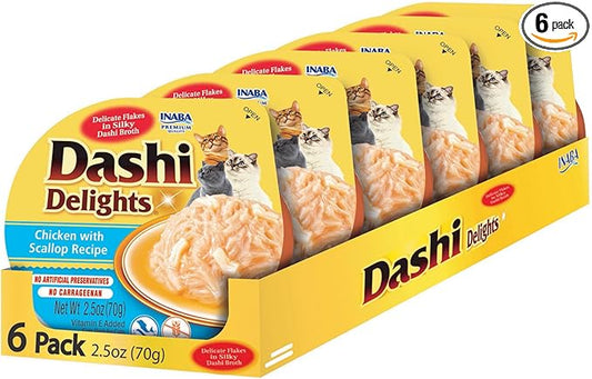 INABA Dashi Delights for Cats, Shredded Chicken Side Dish with Bonito Flake Broth, Cat Food Complement with Taurine & Green Tea Extract, 2.5 Ounce Cup, 6 Cups Total, Chicken with Scallop Recipe