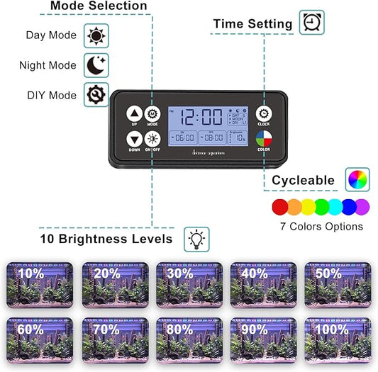 24/7 LED Aquarium Light, IP68 Waterproof Extendable Bracket Fish Tank Light with Timer, 7 Colors, 10 Level Adjustable Brightness, DIY Mode Full Spectrum Aquarium Plant Light for 48-54 Inch Fish Tank