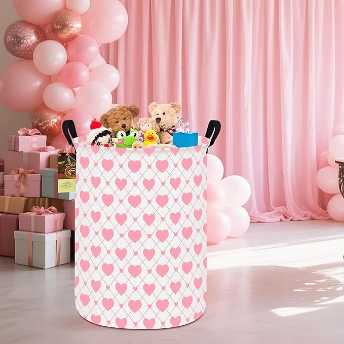 Collapsible Fabric Storage Basket, Waterproof Laundry Hamper with Handles, Round Storage Bin for Clothes Toys, Foldable Organizer for Bedroom Nursery Bathroom(Round-Heart)