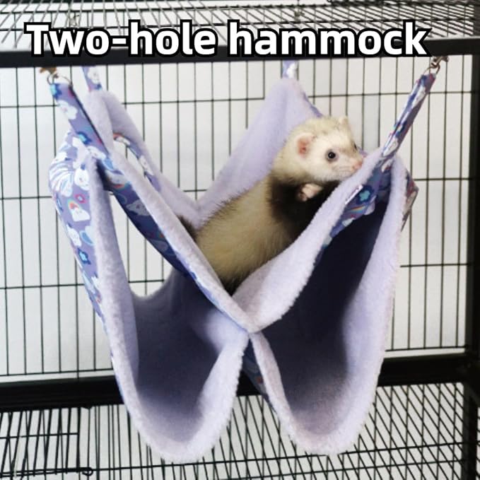 Enlarged Ferret Rat Hammock, 2 Holes Warm Guinea Pig Double Layer Hammock, Hanging Tunnels and Tubes Soft Hiding Playing Sleeping for Small Animals (Blue)