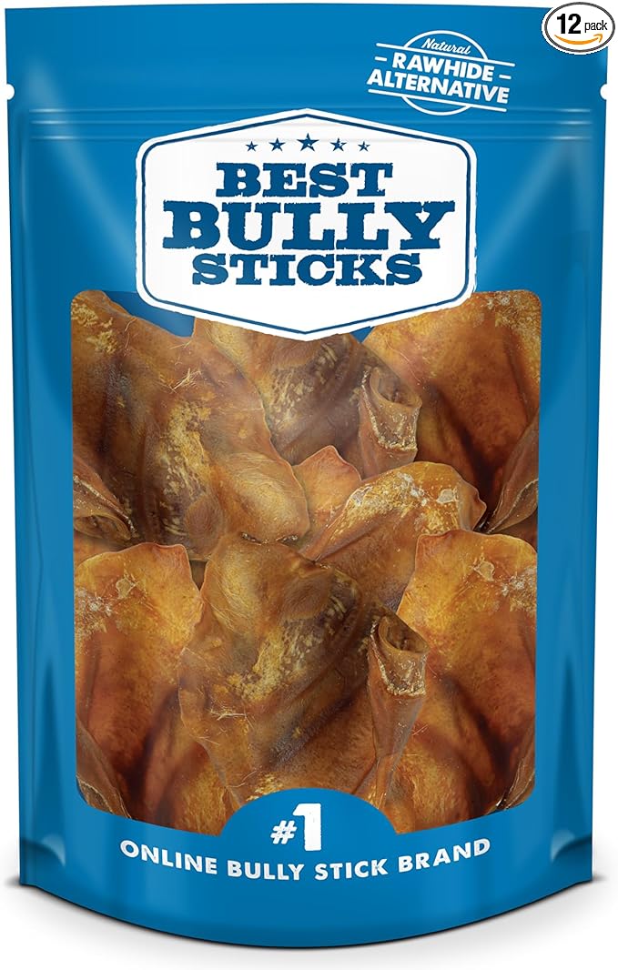 Best Bully Sticks Pig Ears for Dogs - 12 Count (Pack of 1) - All-Natural, USA Baked and Packed, Single Ingredient, 100% Pork, Easily Digestible - Puppies, Small, Medium, Large