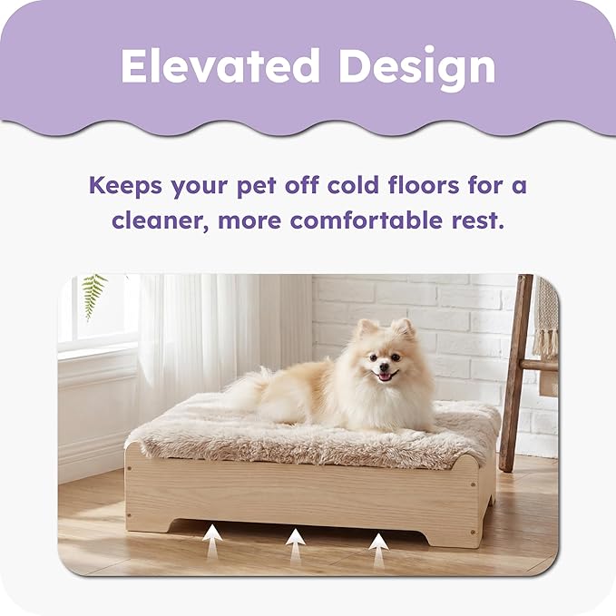 Elevated Wooden Dog Bed with Supportive Cushion & Washable Cover, Sturdy Noise-Free Frame, Modern Furniture-Style Design for Indoor Living Spaces, L Size for Medium to Large Dogs, Natural Wood Finish