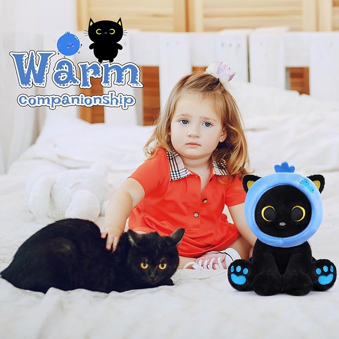 Black Cat Plush,8inch Blueberry Cat Stuffed Animals for Kids Cartoon Cats Plush, Cute Kitten Stuffy Gift for Kids Girl Boys Toddler Birthday