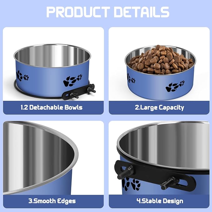 2 Pack Kennel Bowls Mountable Stainless Steel Crate Bowls for Dogs No Spill Hanging Kennel Water Feeder with Clamp Holder 2 Sizes（7.08x2.83’’,6.3x2.63’） (Blue)