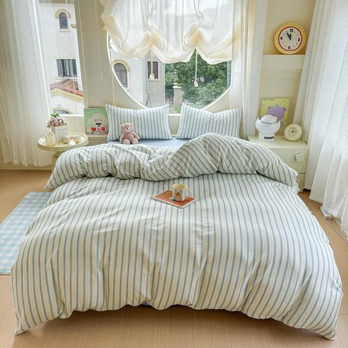 BlueBlue Stripe Duvet Cover Set Twin 100% Cotton Soft Lightweight Gauze Bedding Blue Line Stripes on White 1 Abstract Geometric Comforter Cover 2 Pillowcases (Twin)