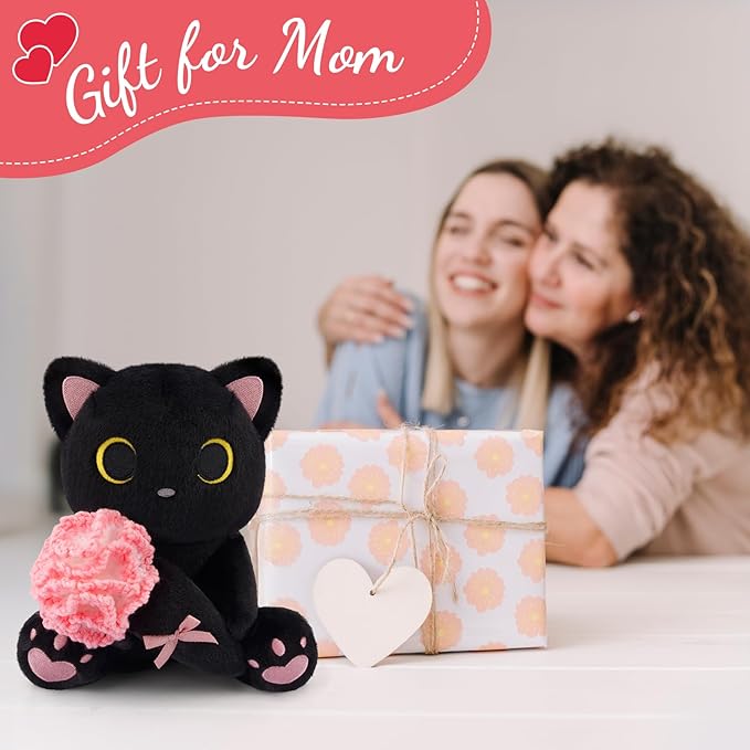 Black Cat Plush Holding Crochet Flower - 8" Kawaii Stuffed Cat with Handmade Pink Carnation, Soft Cute Plush Toy for Mom, Mother's Day & Birthday Gift, Stuffed Animals for Girls