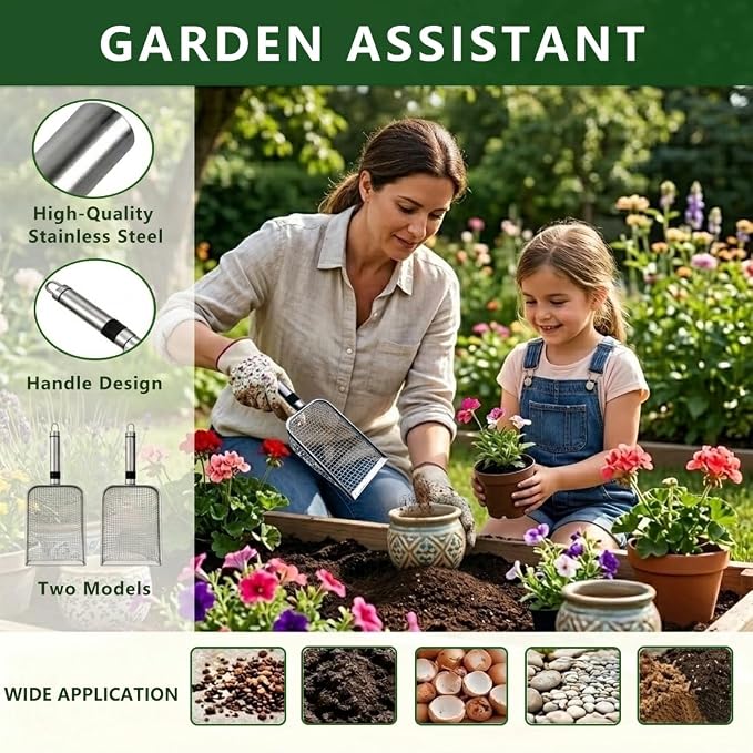2 Pack Soil Sifter for Gardening, Stainless Steel Handle | Rust-proof garden tool for landscaping, soil prep. 3.8mm/5mm mesh for compost, sand, dirt, rock. Two sifters, no swapping