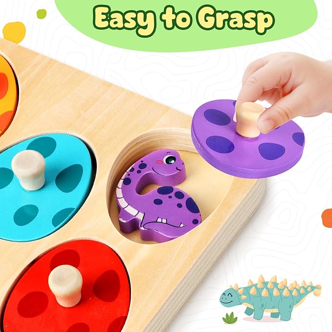TOHIBEE Wooden Puzzles Montessori Toys for Toddlers 1-3, Dinosaur Eggs Peg Puzzles, Preschool Education Learning Toys for Boys and Girls, 6 Brightly Color Cute Dinosaur Shapes