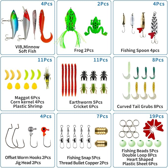 GOANDO Fishing Lures Kit for Freshwater Bait Tackle Kit for Bass Trout Salmon Fishing Accessories Tackle Box Including Spoon Lures Soft Plastic Worms Fishing Gifts