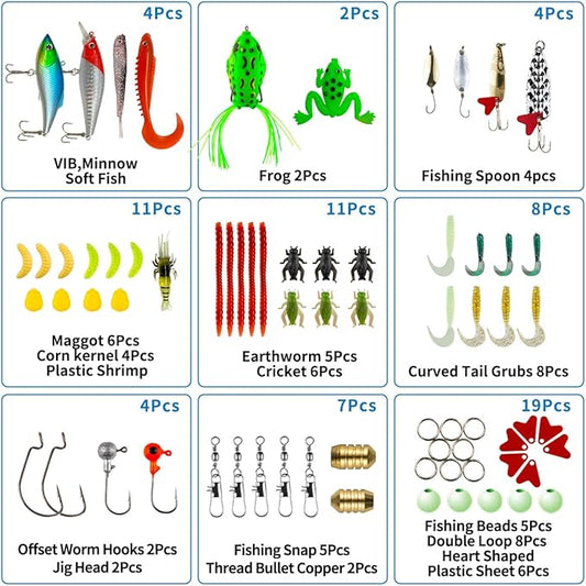 GOANDO Fishing Lures Kit for Freshwater Bait Tackle Kit for Bass Trout Salmon Fishing Accessories Tackle Box Including Spoon Lures Soft Plastic Worms Fishing Gifts