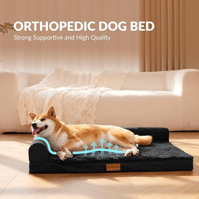 Patas Lague Orthopedic XL Dog Bed Large Sized Dog 42''X28'', Waterproof L Bolster Big Large Pet Sofa Beds with Removable Washable Cover, Soft Pet Couch Crate Mat with Nonskid Bottom, Black