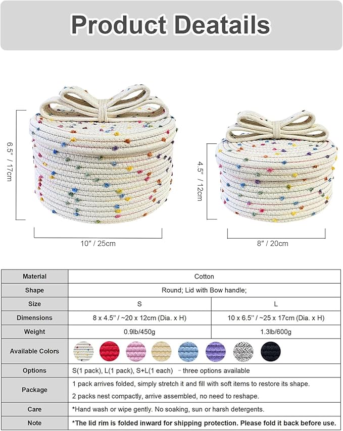 Small Storage Baskets with Lids, Round Woven Rope Basket with Lid, Cute Storage Box for Small Toy, Gift or Home Decor, Decorative Basket with Rainbow Pom-pom & Cute Bow Handle (rainbow)
