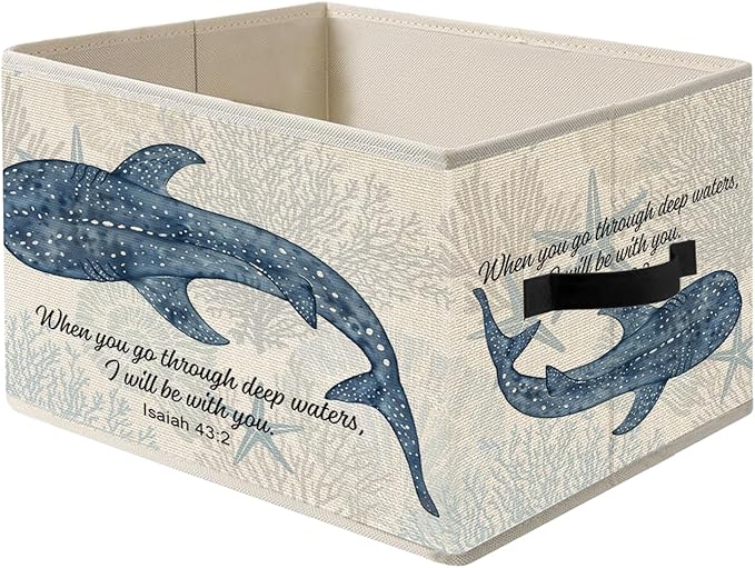 Ocean Whale Shark Christian Storage Bins, Coastal Isaiah 43:2 Bible Verses Foldable Closet Organizers Storage Basket Toybox for Clothes Bed Sheets Blankets Toys