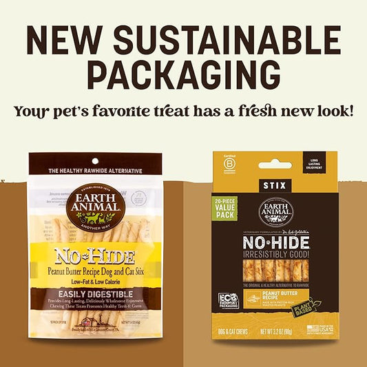 Earth Animal No Hide Stix - Long Lasting Rawhide Free Small Dog Chews Sticks, Peanut Butter - 20 Count Value Pack