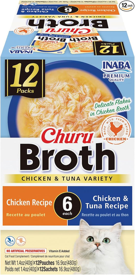 INABA Churu Broth for Cats, Side Dish Pouch, 1.4 Ounces per Pouch, 12 Pouches, Chicken and Tuna Variety