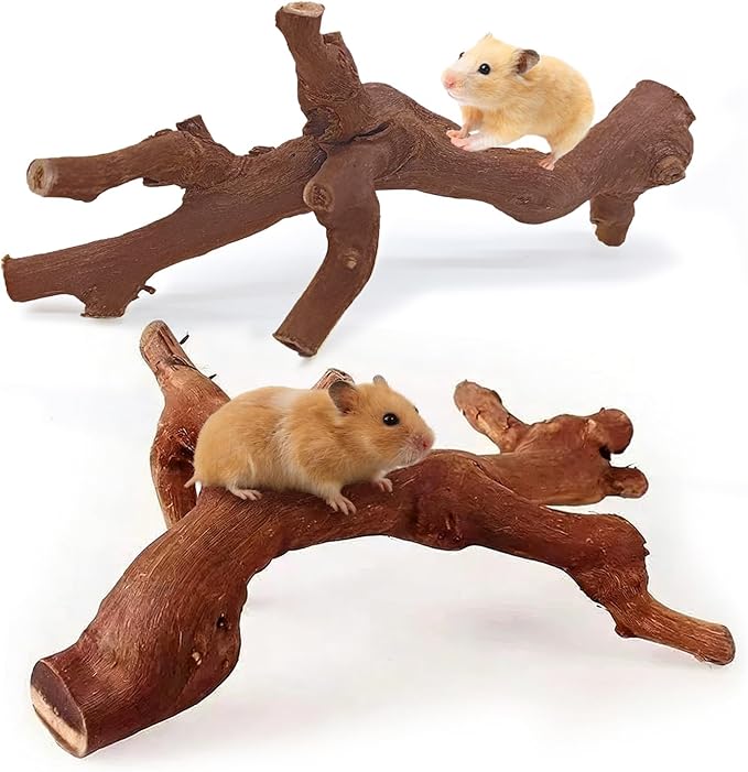 kathson 2Pcs Wood Hamster Climbing Branches Decor, Natural Wooden Syrian Hamster Climb Chewing Toys, Rat Exercise Toys, Small Animal Habitat Decor Accessories for Dwarf Pets, Mice, Gerbils