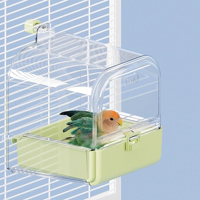 Hanging Bird Bath for Cage with Bowls & Mesh Bottom - 3-in-1 Multifunction Bird Bath/Bowl/House, Bird Shower for Lovebirds, Finches, Parakeets, Budgies, and Other Small to Medium Birds - Green
