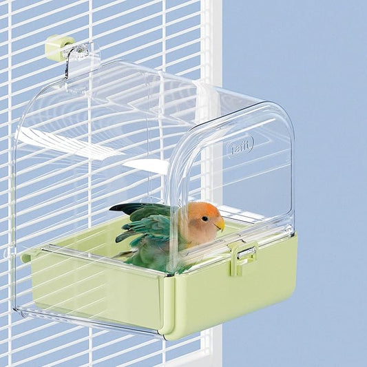 Hanging Bird Bath for Cage with Bowls & Mesh Bottom - 3-in-1 Multifunction Bird Bath/Bowl/House, Bird Shower for Lovebirds, Finches, Parakeets, Budgies, and Other Small to Medium Birds - Green