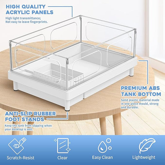 MoonOrange Small Turtle Tank, Acrylic Turtle Terrarium with Basking Platform, Bottom Drainage, Multi-Function Areas for Turtles, Crabs, Crayfish, Small Reptiles (White Tank)