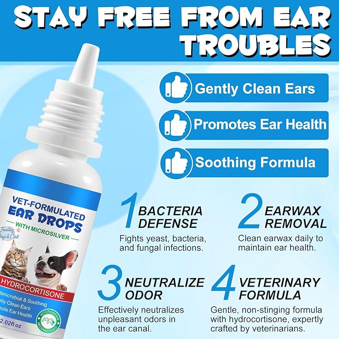 NenMaoKeNu 2 Pack Cat & Dog Ear Infection Treatment Drops, Ear Cleaner to Soothe and Relieve Itchness, with 1% Hydrocortisone for Dog Ear Infections, Prevents Inflammatio, Treats Ear Infections