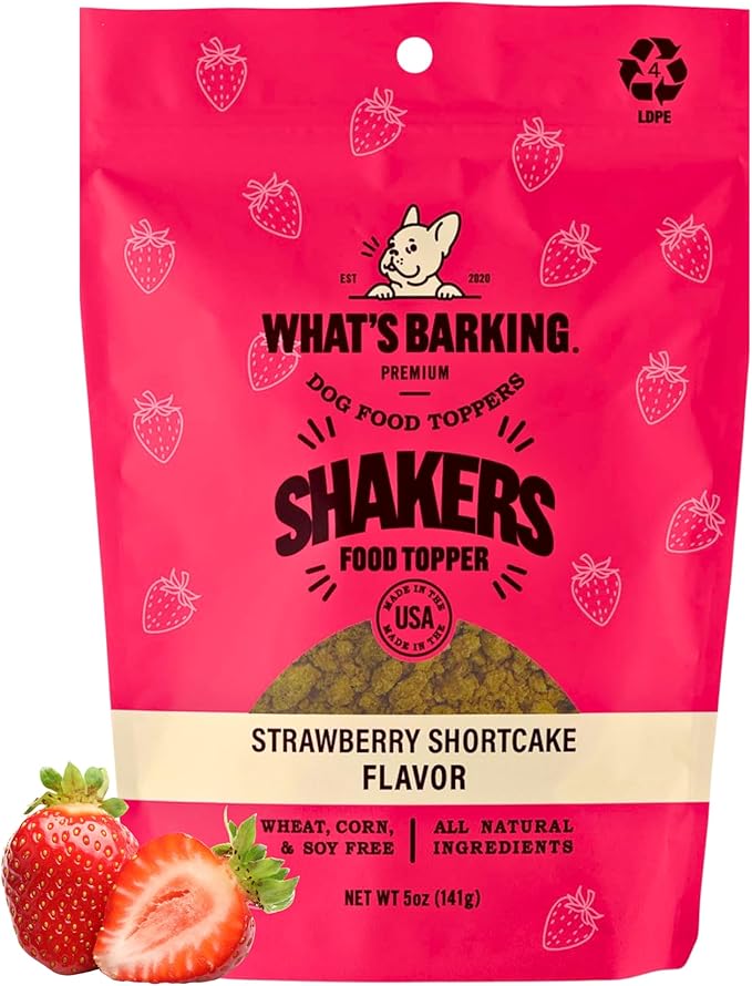 What's Barking Shakers Meal Toppers, Dog Treat Crumbles for Food Topping, Pet Essentials, Sprinkle Topper for Kibble or Wet Food, Made in USA, Resealable Bag, Strawberry Shortcake Flavor, 5 oz