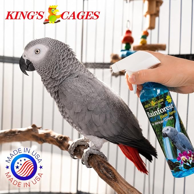 Kings Cages Rainforest Mist Feather Bath Spray for African Greys and Amazons 17oz Baby Powder Scent Condition Plumage Relieves Dry Itchy Skin Helps Prevent Feather Plucking
