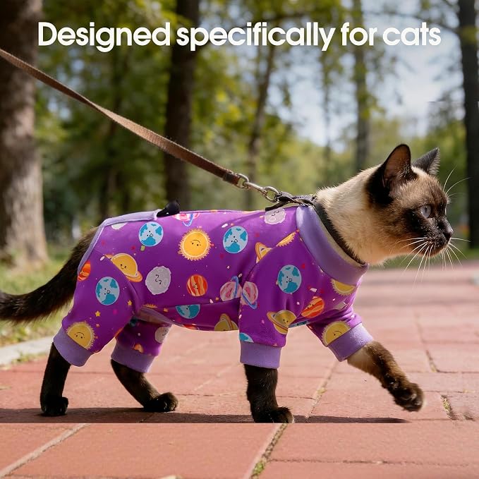 DENTRUN Cat Clothes for Hair Control with Hair Sticky Fabric - Soft Recovery Suit & Breathable Lint-Resistant Cat Sweater for Cats Only, Kitten Onesie Pajamas, L, Purple