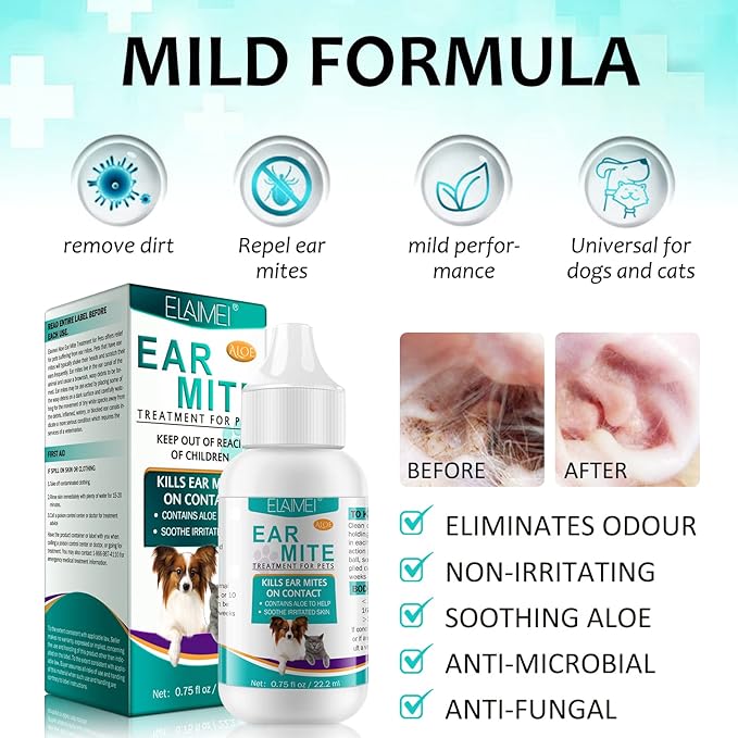 2Pack Ear Mite Treatment for Dogs and Cats,Dog Ear Infection Treatment,Aloe Ear Mite,Safe for Pets | 12+ Weeks | 0.75 fl oz 22.2ml