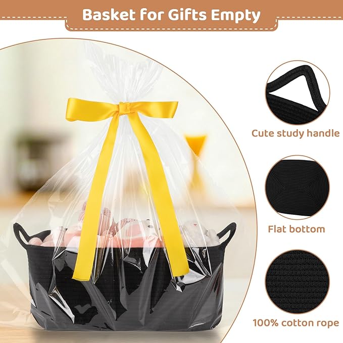 OIASKET Large Empty Gift Baskets for Baby Shower, 16.5" L x 12.6" W x 7" H Cute Woven Storage Basket with Gift Bags and Ribbons, Small Rope Toy Basket with Handles, Cat Dog Pet Toy Organizer - Black