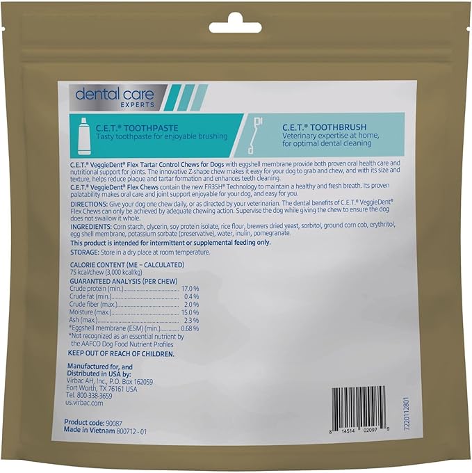 Virbac C.E.T.® VEGGIEDENT® Flex Tartar Control Chews for Dogs - Multifunctional to Support Joint Health, VOHC Approved - Medium 22-66lbs