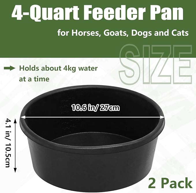 Sadnyy 4 Pcs Rubber Feeder Pan, Rubber Feed Pan Utility Horse Feed Bucket Dog Bowl Horse Feeder for Cats Dogs Goats Chicken Dust Bath Container Animal Feeding, 10.6 x 4.1 Inch(4 Quart/ 1 Gallon)